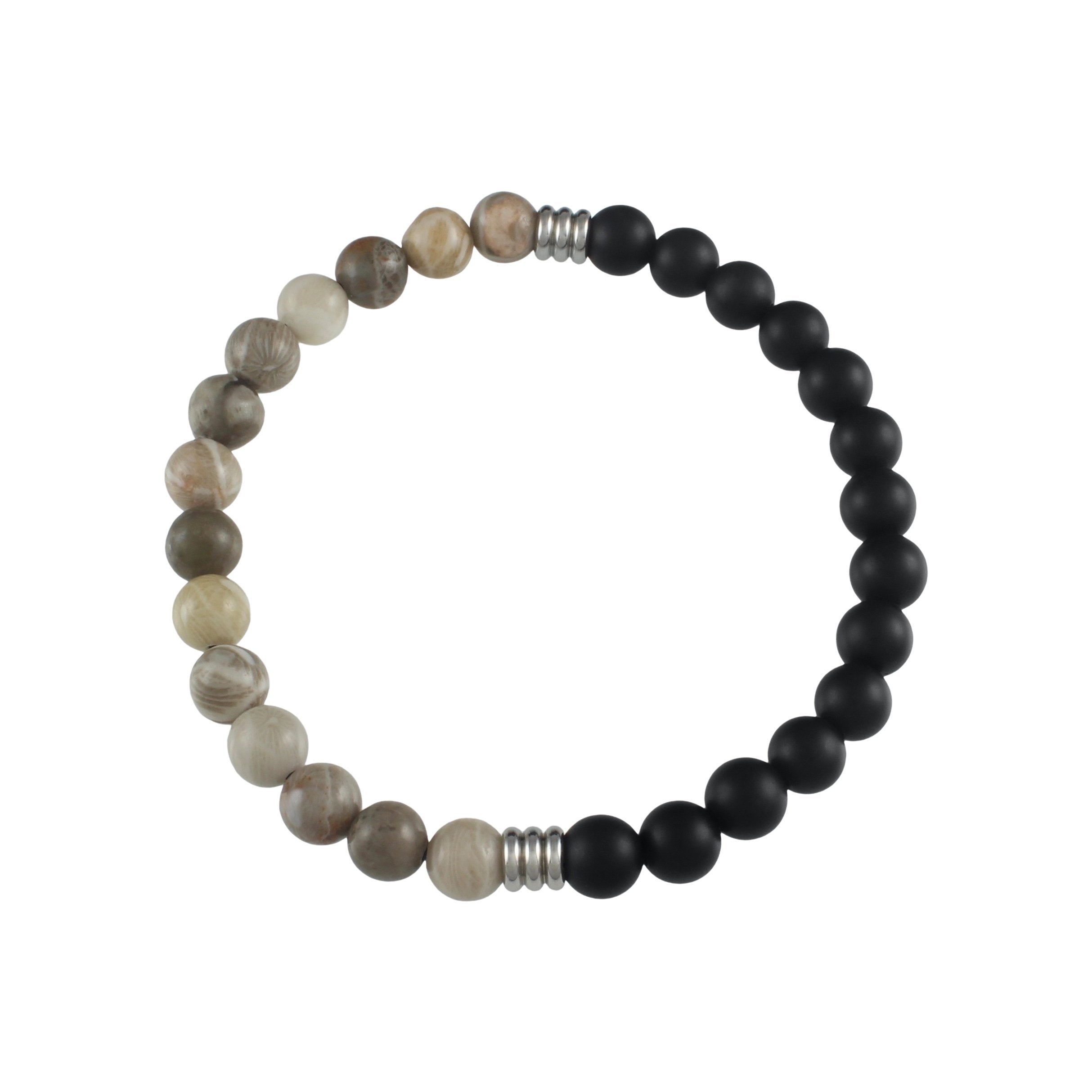 Divided Slim Stone Bracelet // Matte Onyx and Coral Fossil