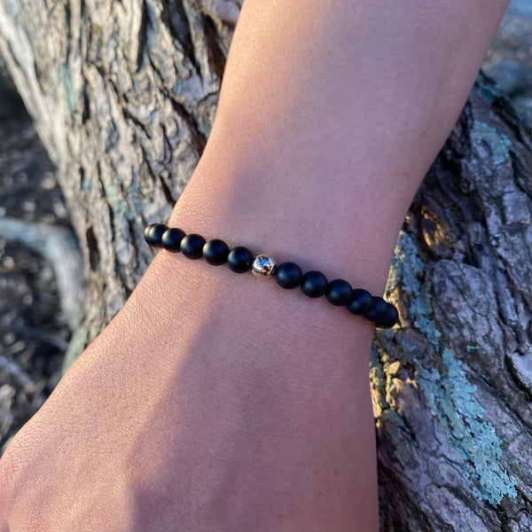 Natural Stone Bracelet, Onyx & Sterling Silver Bracelet, Matte Black Onyx Beaded Bracelet, Belman Co, Belman New Zealand, Matte Black Onyx Stone Bracelet with Sterling Silver