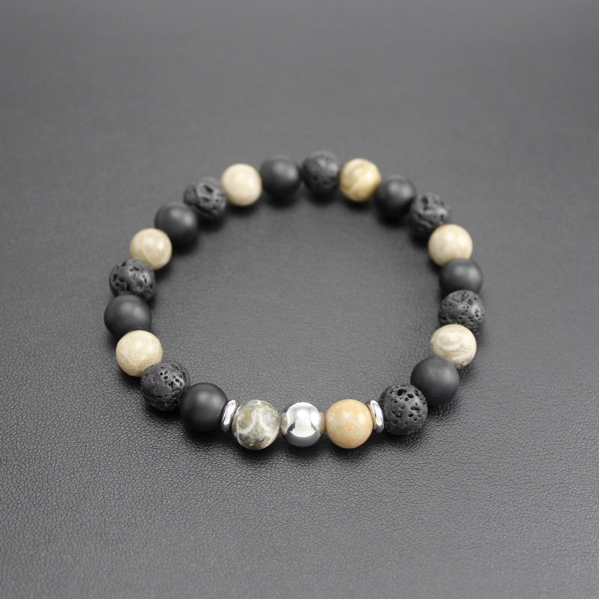 Three Stone Bracelet // Matte Onyx, Lava Stone and Fossil Coral