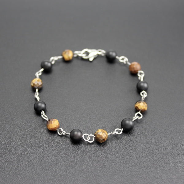 Men's Stainless Steel, Onyx and Tigers Eye Linked Bracelet