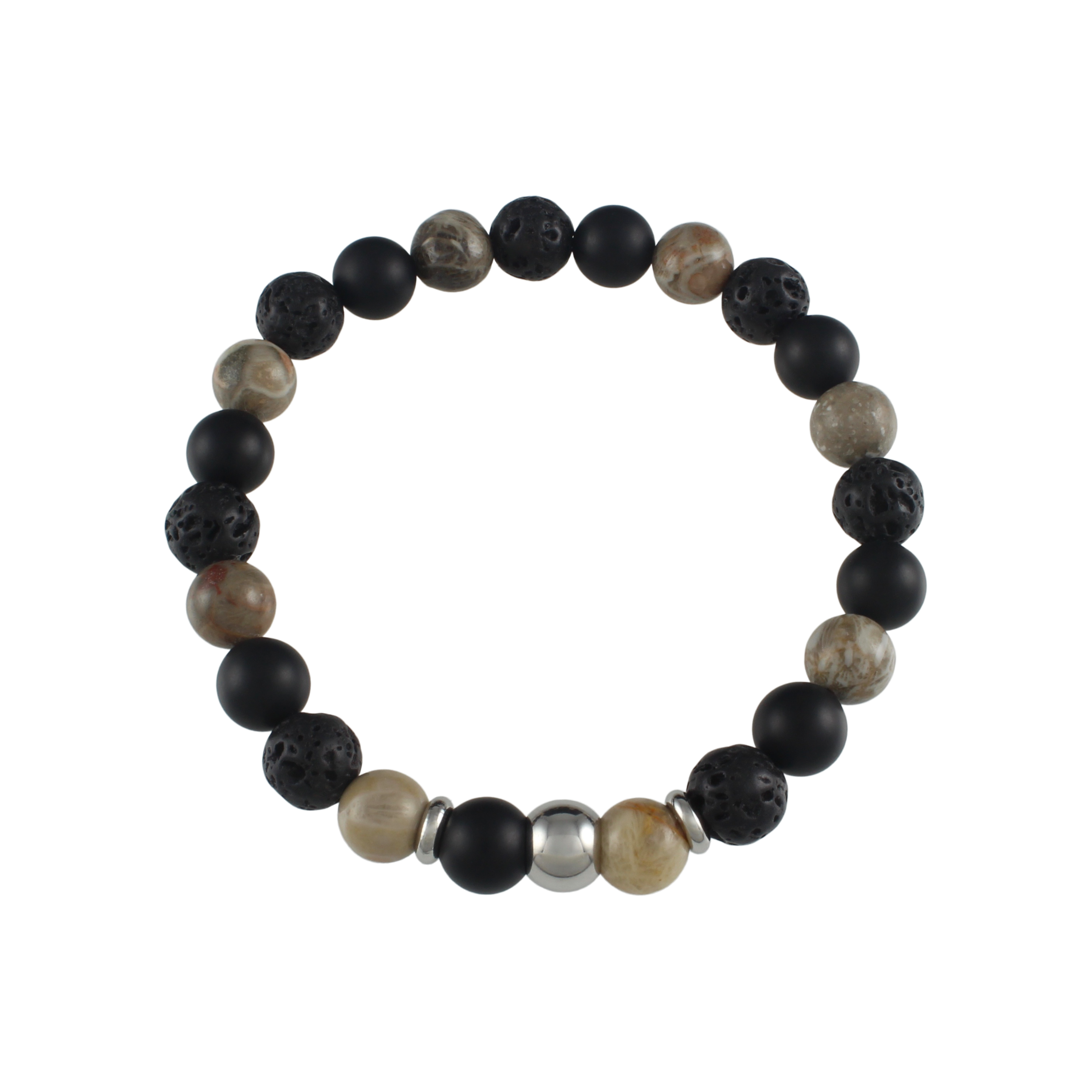 Three Stone Bracelet // Matte Onyx, Lava Stone and Fossil Coral