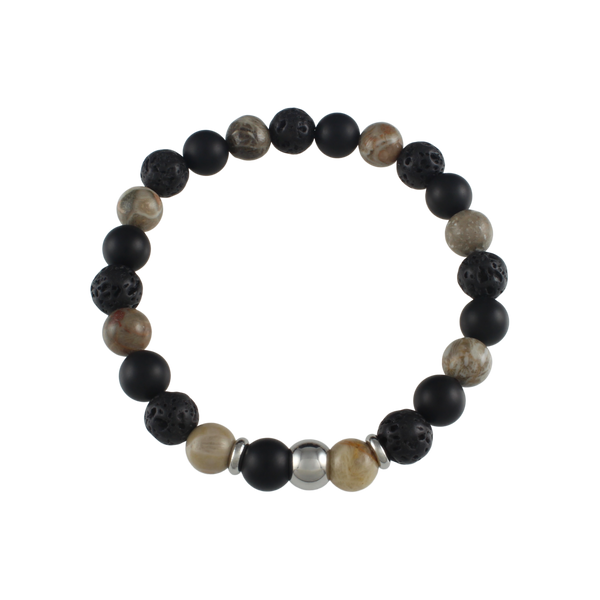 Three Stone Bracelet // Matte Onyx, Lava Stone and Fossil Coral