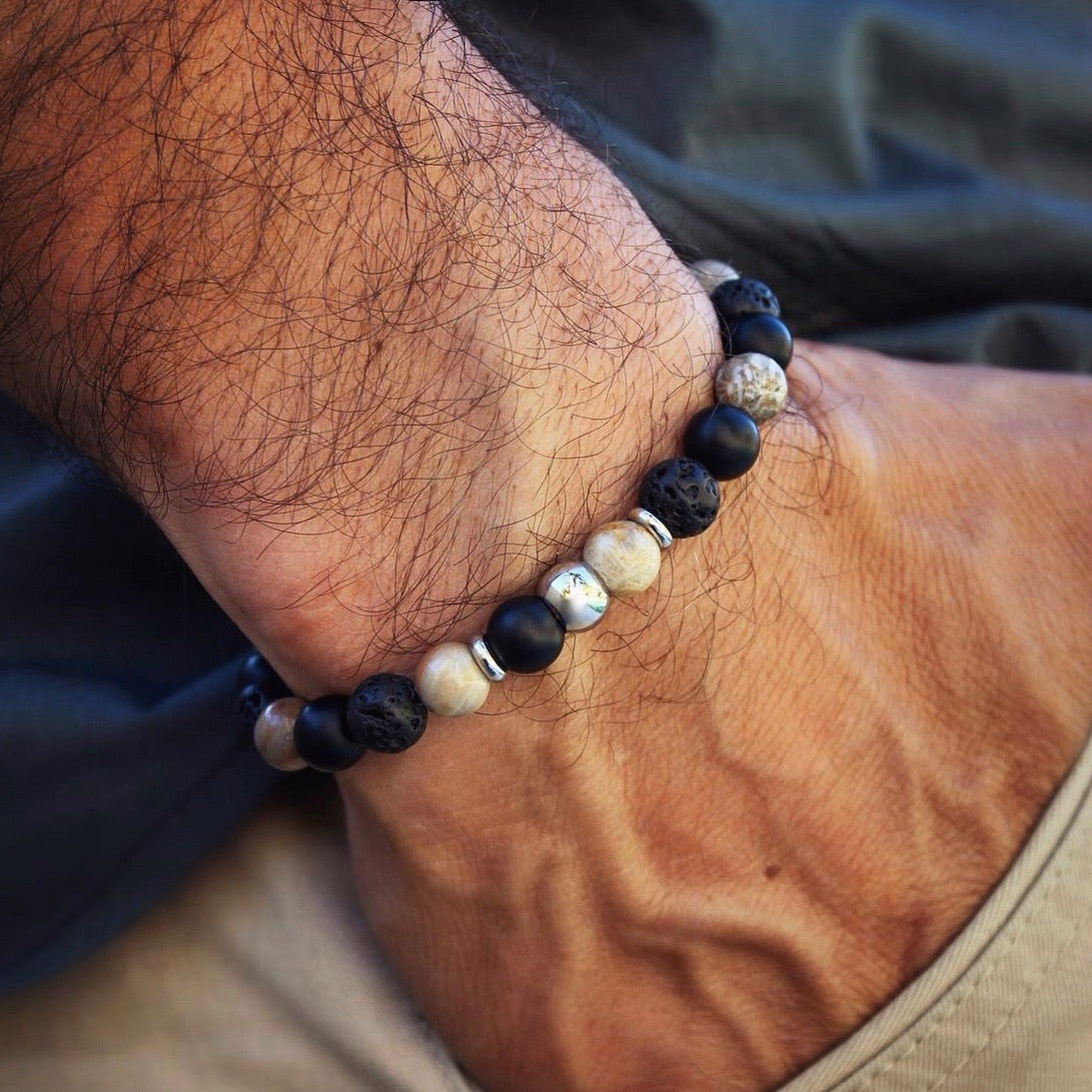 Three Stone Bracelet // Matte Onyx, Lava Stone and Fossil Coral